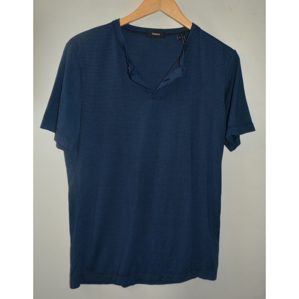 Theory Men's Medium Knit Henley Shirt Blue Short Sleeve Casual Designer Tee